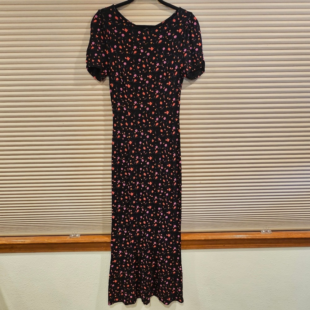 Free People Black Floral Short Sleeve Keyhole Back Maxi Dress Small OB1085794